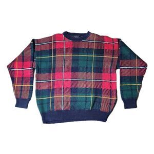 Vintage Wood & Gray Mens Plaid Sweater Size Large 0735